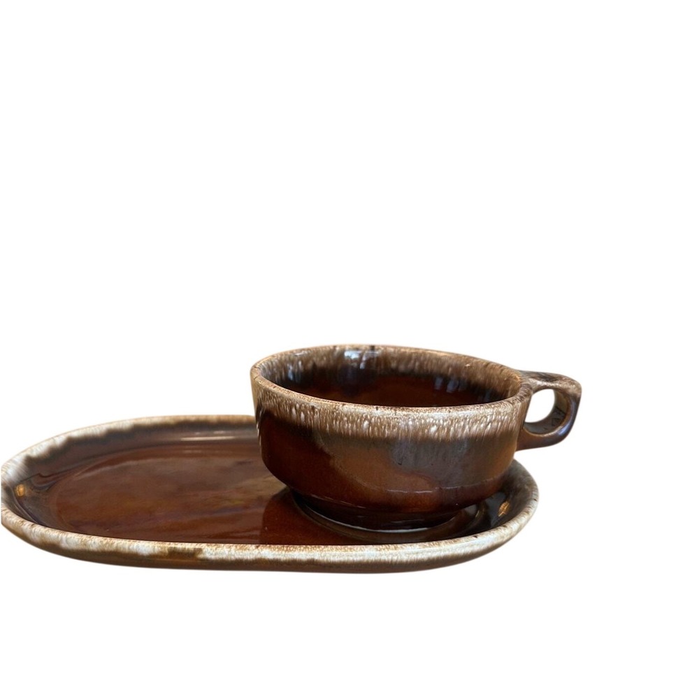 Hull‎ Pottery Brown Drip Soup Mug & Sandwich/Snack Tray Ovenproof USA Vtg 1960s